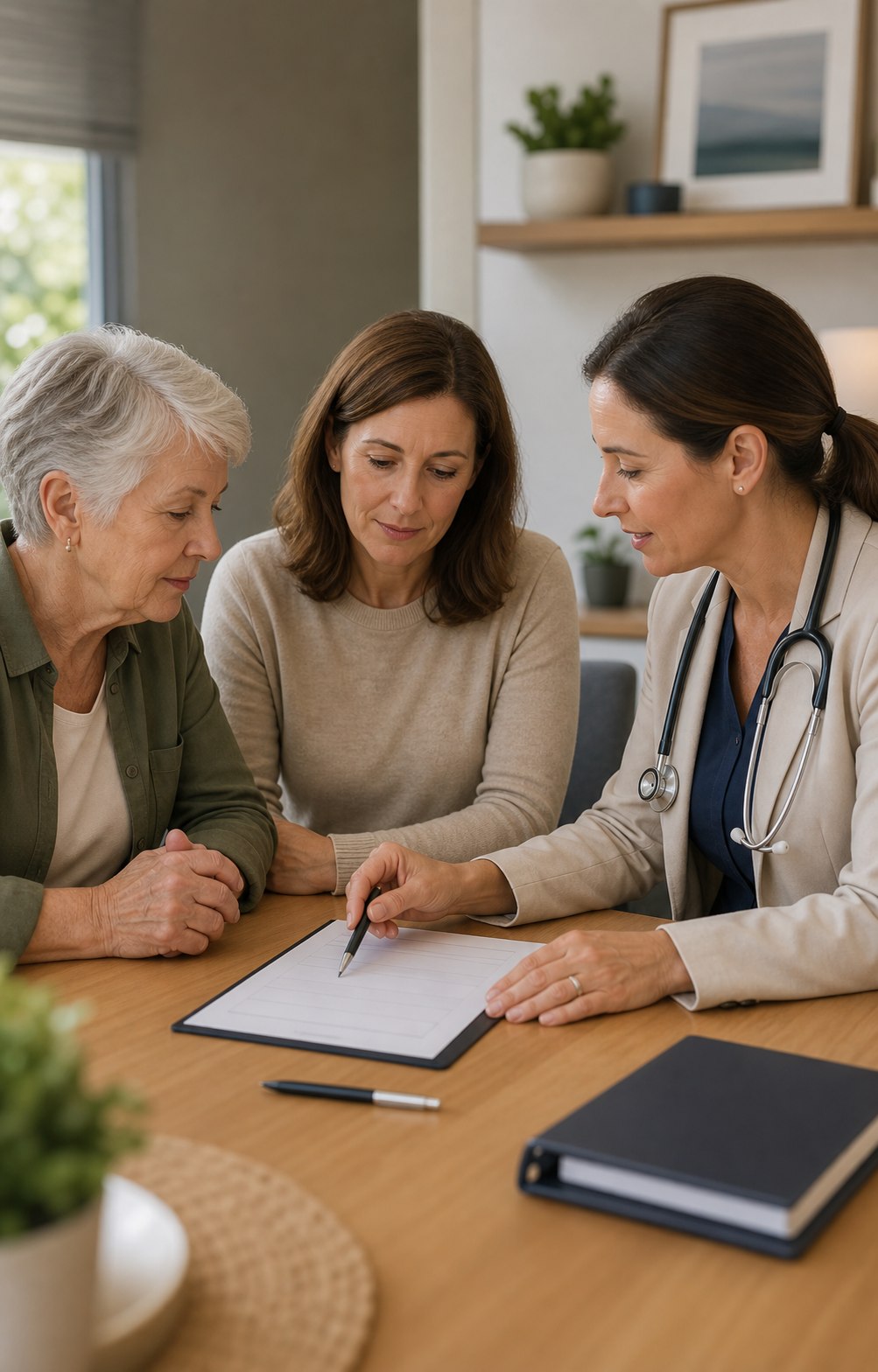 A female doctor discussing an advance care form with an older person and family member