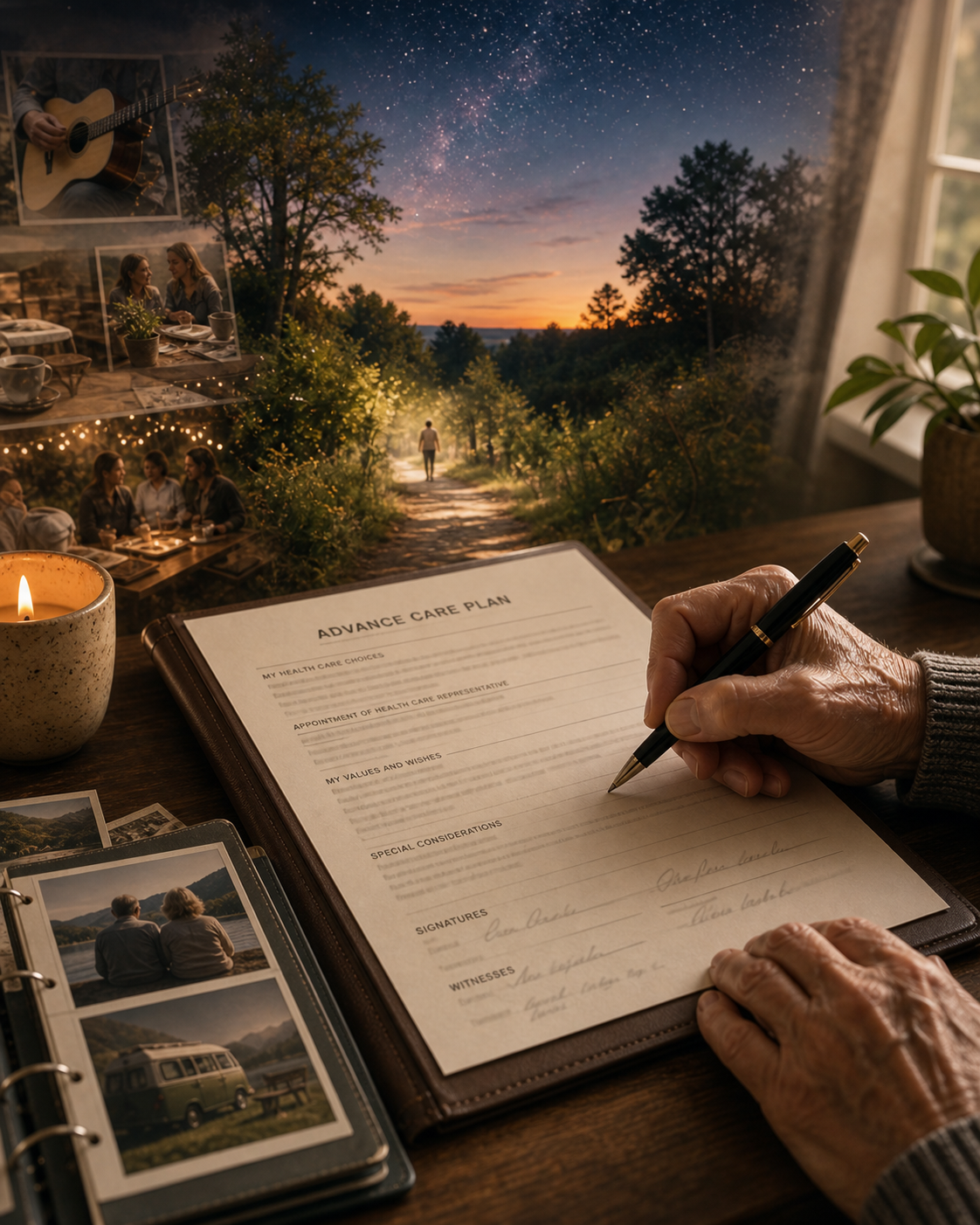 A reflective collage of a life well lived, a path, night sky, photographs, and a person writing